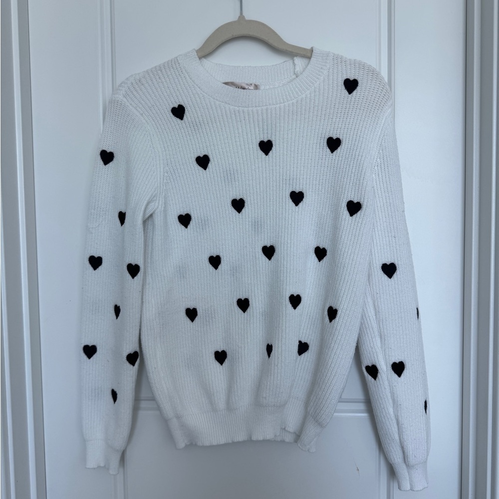 CATHERINE MALANDRINO Women’s Knit Sweater White With Black Hearts Small